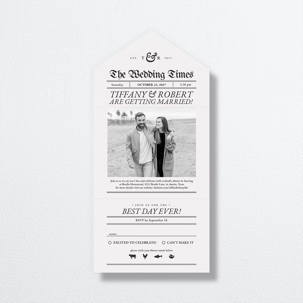 Newspaper All-in-One Wedding Invitations Pure White Signature Light Both Recipient and Return Addresses No