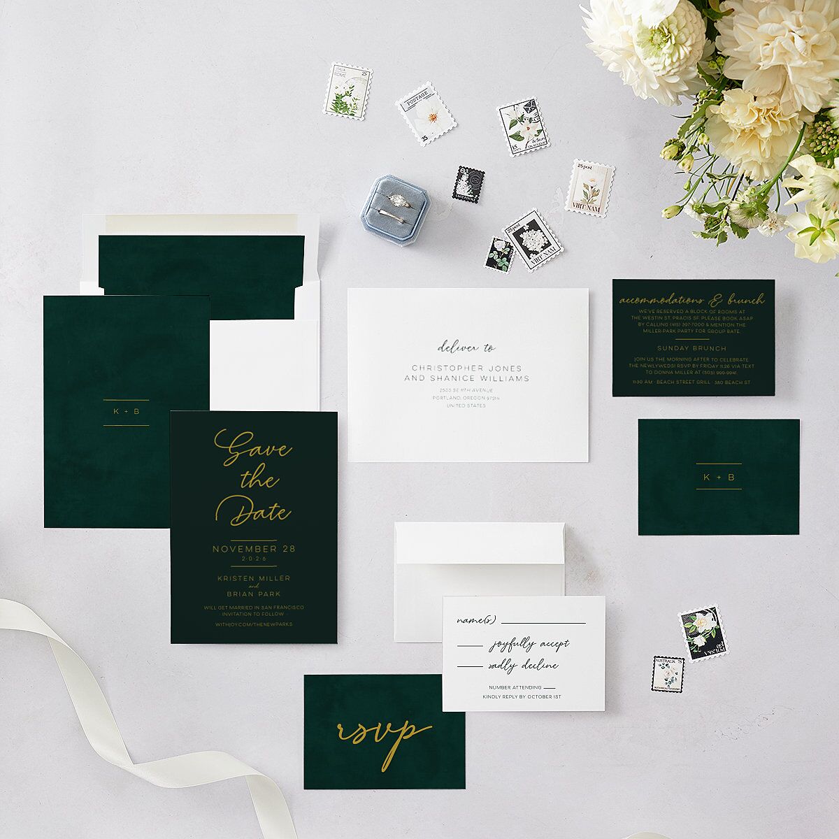 Gold Calligraphy Save The Date Cards Dark Green Signature smooth Blank No Standard
