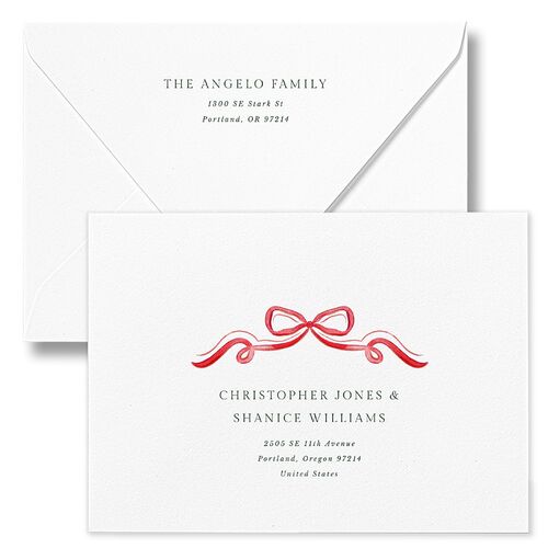 Whimsical Holiday Bow with Garland Holiday Card Euro Envelopes White Ruby Both Recipient and Return Addresses Luxe Signature