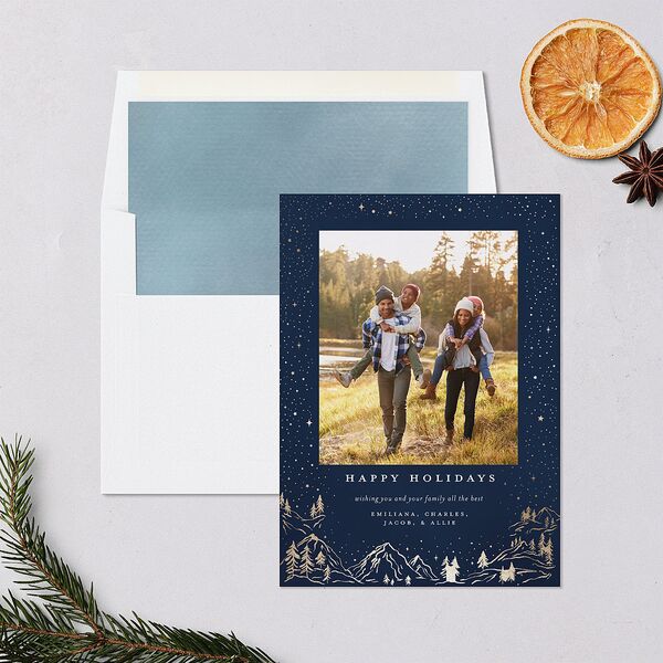 Mountain Retreat Holiday Cards Gold Navy Signature Blank Standard Portrait