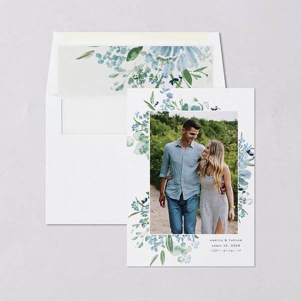 In Bloom Save The Date Cards Moody Blue Signature smooth Blank No Standard