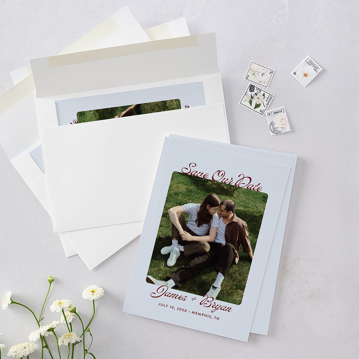 Retro Modern Photo Save the Date Cards Ice Blue Signature smooth Blank No Standard
