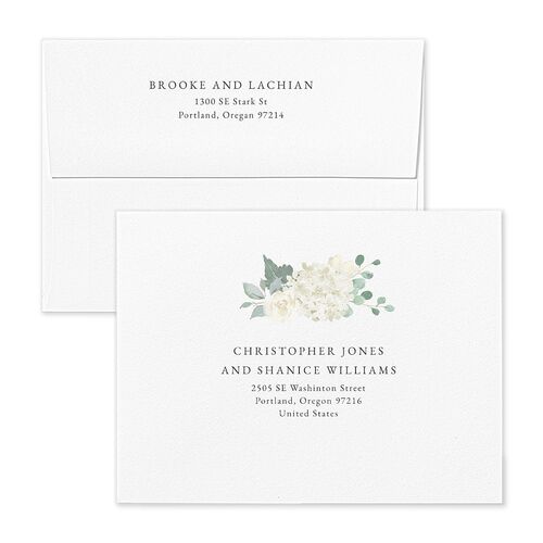Elegant Hydrangea Bridal Shower Thank You Card Envelopes White Off-White Both Recipient and Return Addresses Signature Standard