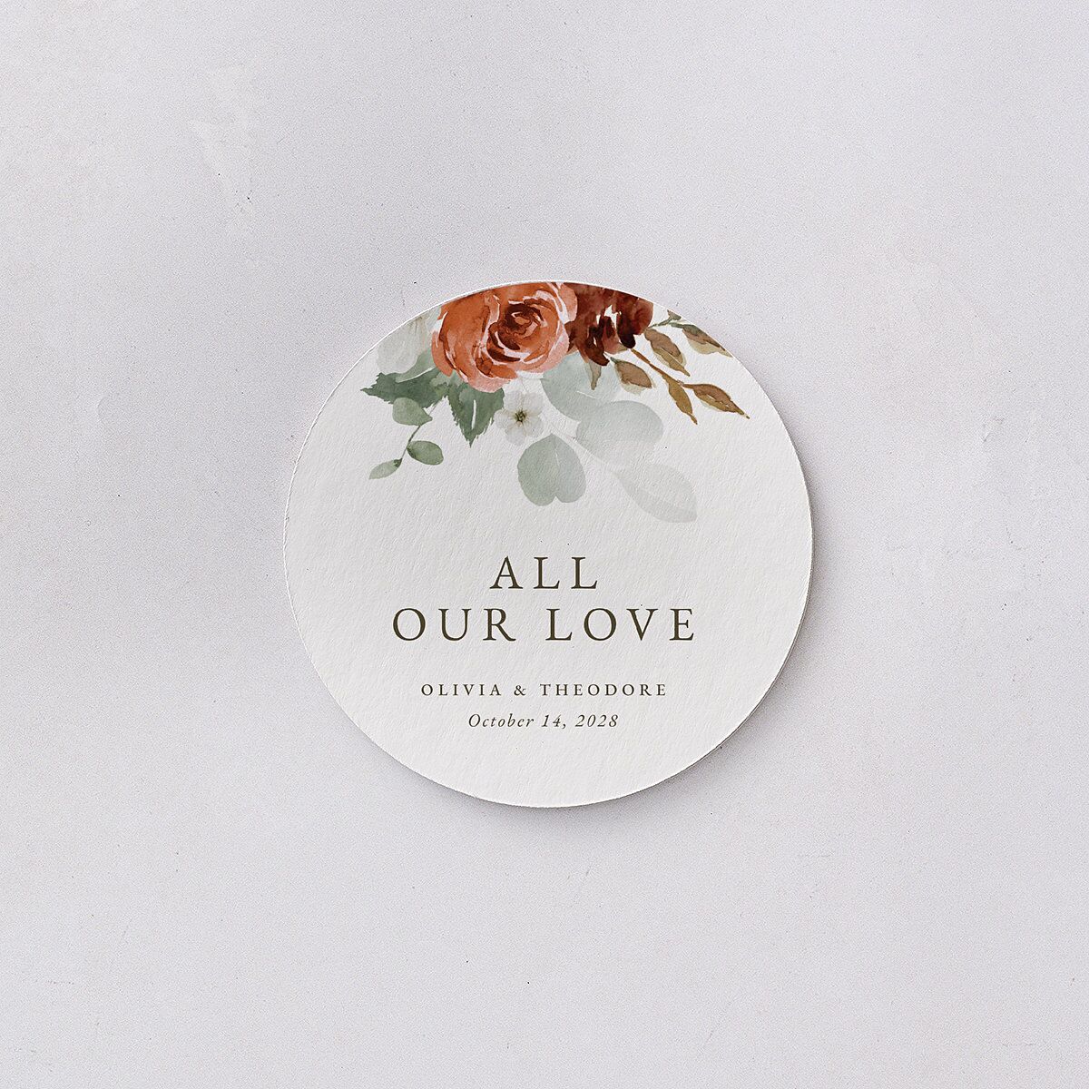 Eucalyptus Bouquet Wedding Day Coasters Terracotta Cardboard Circle