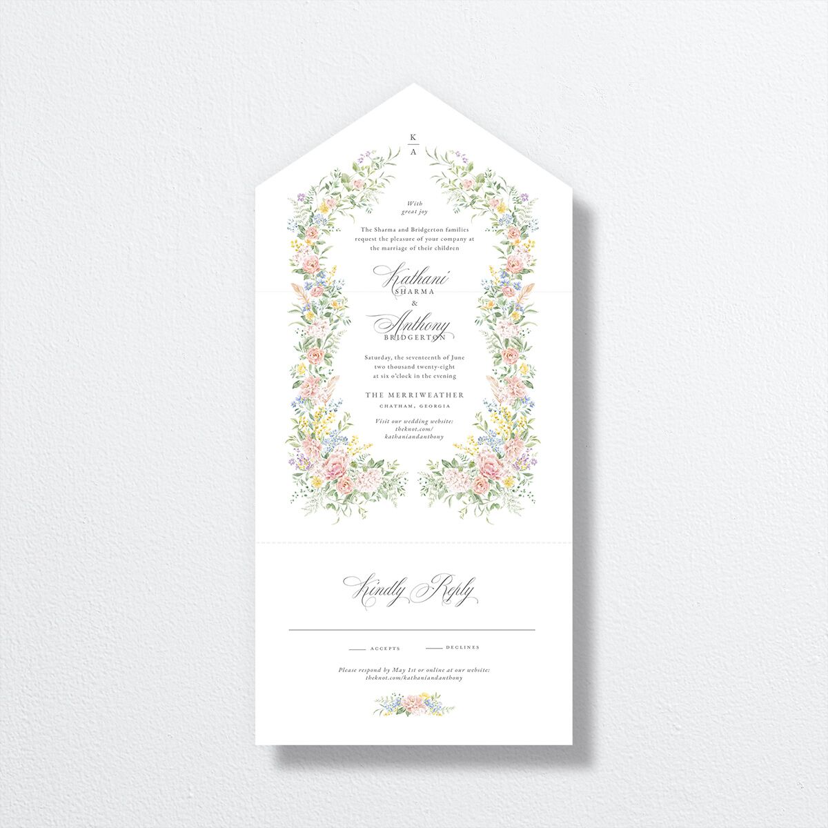 Glamorous Regency Garden All-in-One Wedding Invitations by Bridgerton Sage Signature Light Both Recipient and Return Addresses No