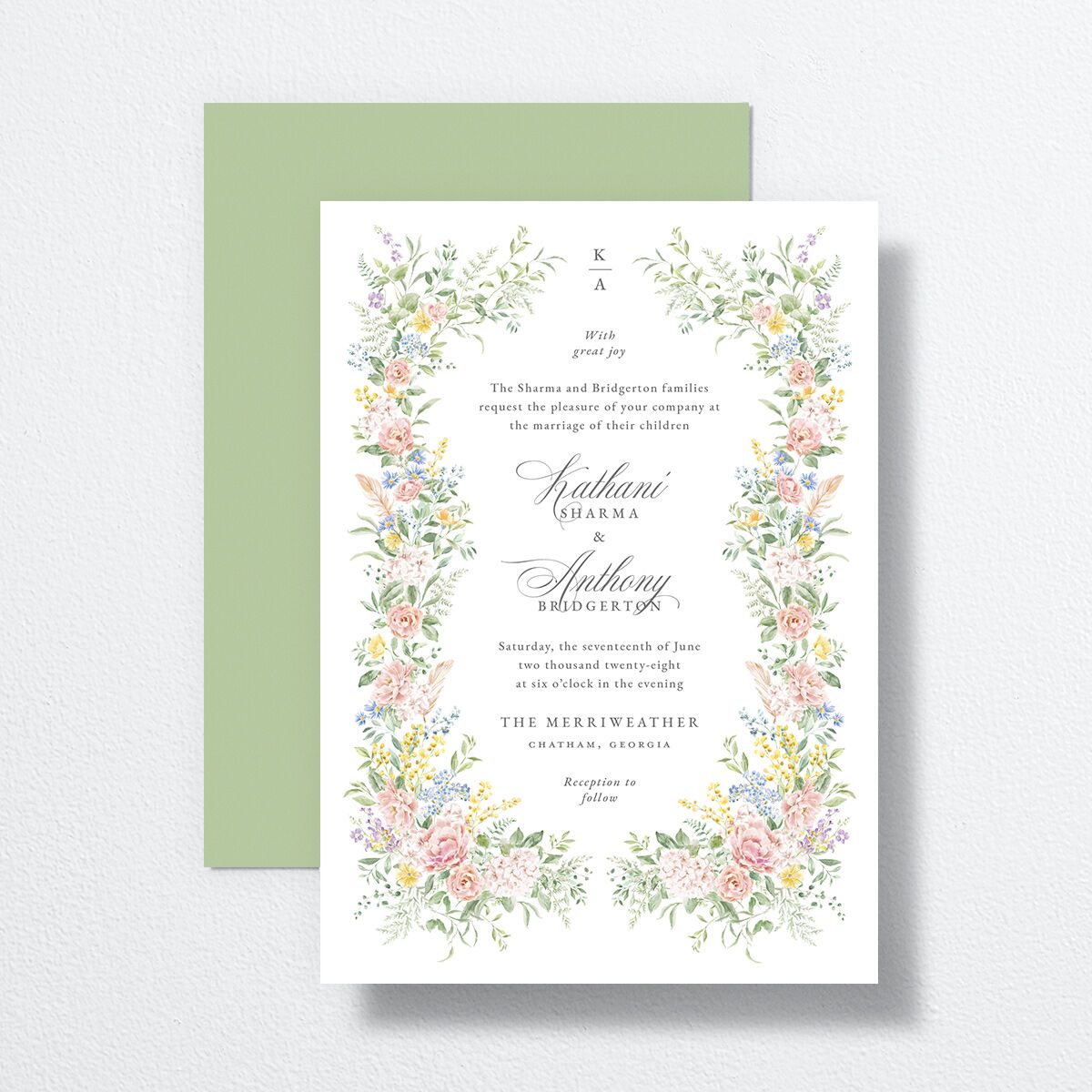 Glamorous Regency Garden Wedding Invitations by Bridgerton Sage Signature No