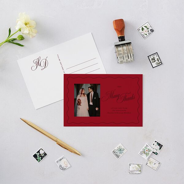 Holiday Eclectic Wavy Frame Thank You Postcards Ruby