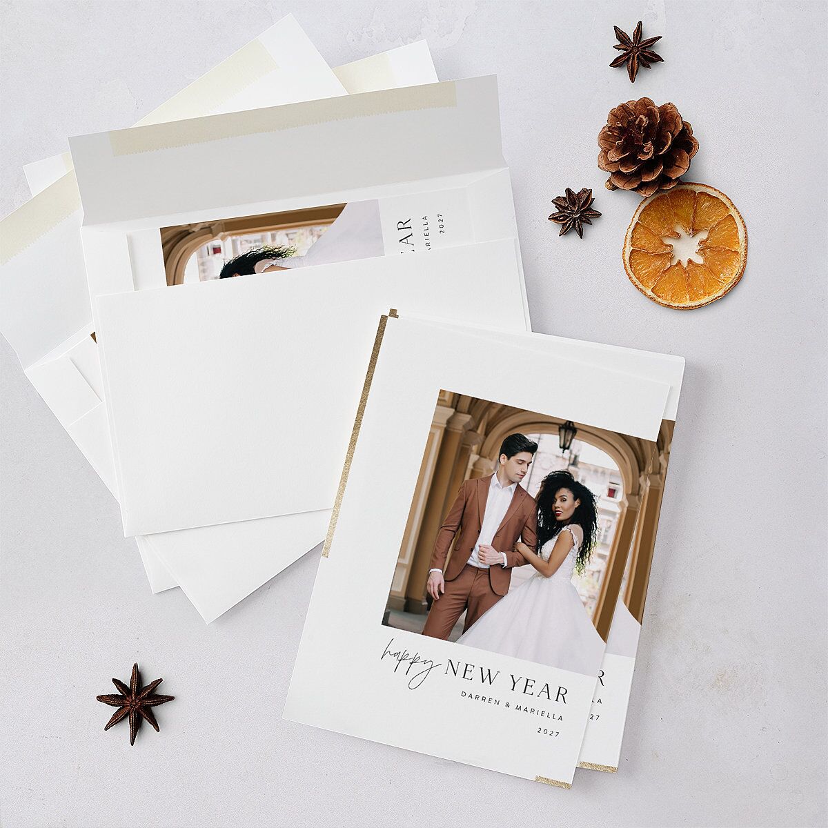 New Years Accent Holiday Cards Gold Pure White Signature Blank Standard Portrait