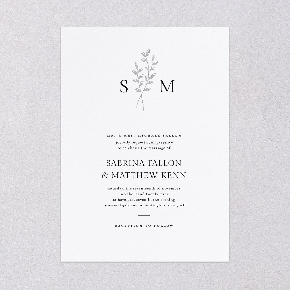 Elegant Botanical Initials Foil Wedding Invitations Pure White Silver Signature Blank No Standard