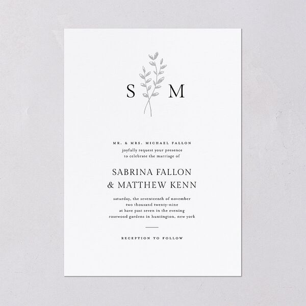 Elegant Botanical Initials Foil Wedding Invitations Pure White Silver Signature Blank No Standard