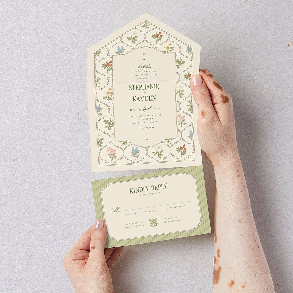Floral Vintage Lattice All-in-One Wedding Invitations Champagne Signature Light Both Recipient and Return Addresses No