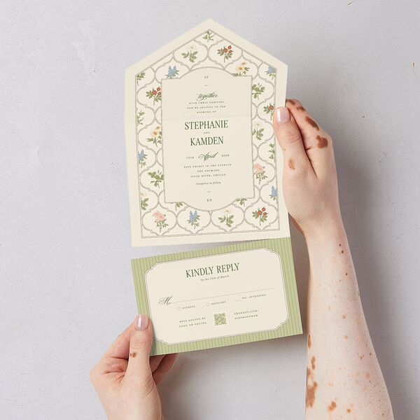 Floral Vintage Lattice All-in-One Wedding Invitations Champagne Signature Light Both Recipient and Return Addresses No