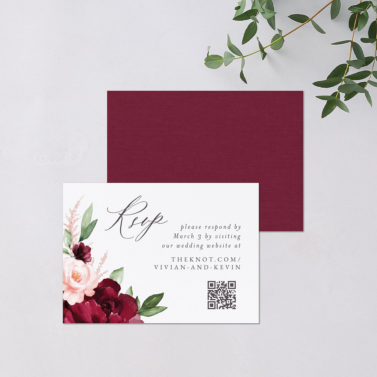 Beloved Floral QR Code RSVP Cards Dark Berry Signature Standard