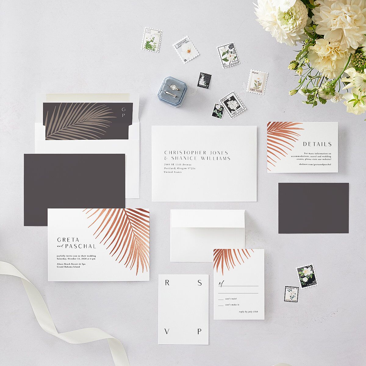 Lavish Palm Wedding Invitations Rose Gold Pure White Signature Blank No Standard