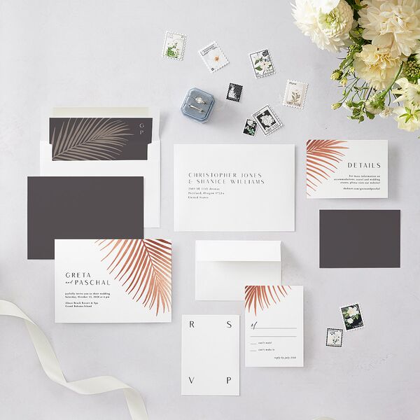 Lavish Palm Wedding Invitations Rose Gold Pure White Signature Blank No Standard