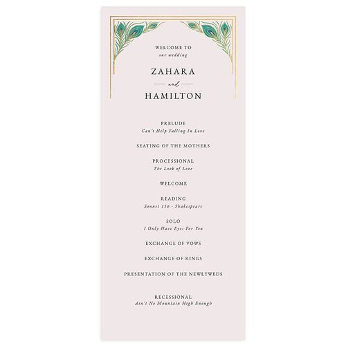 Peacock Nouveau Wedding Programs Gold Linen Signature