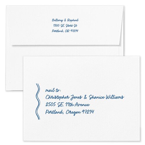 Modern Hand Drawn Wavy Frame Wedding Invitation Envelopes White Jewel Blue Both Recipient and Return Addresses Standard Signature