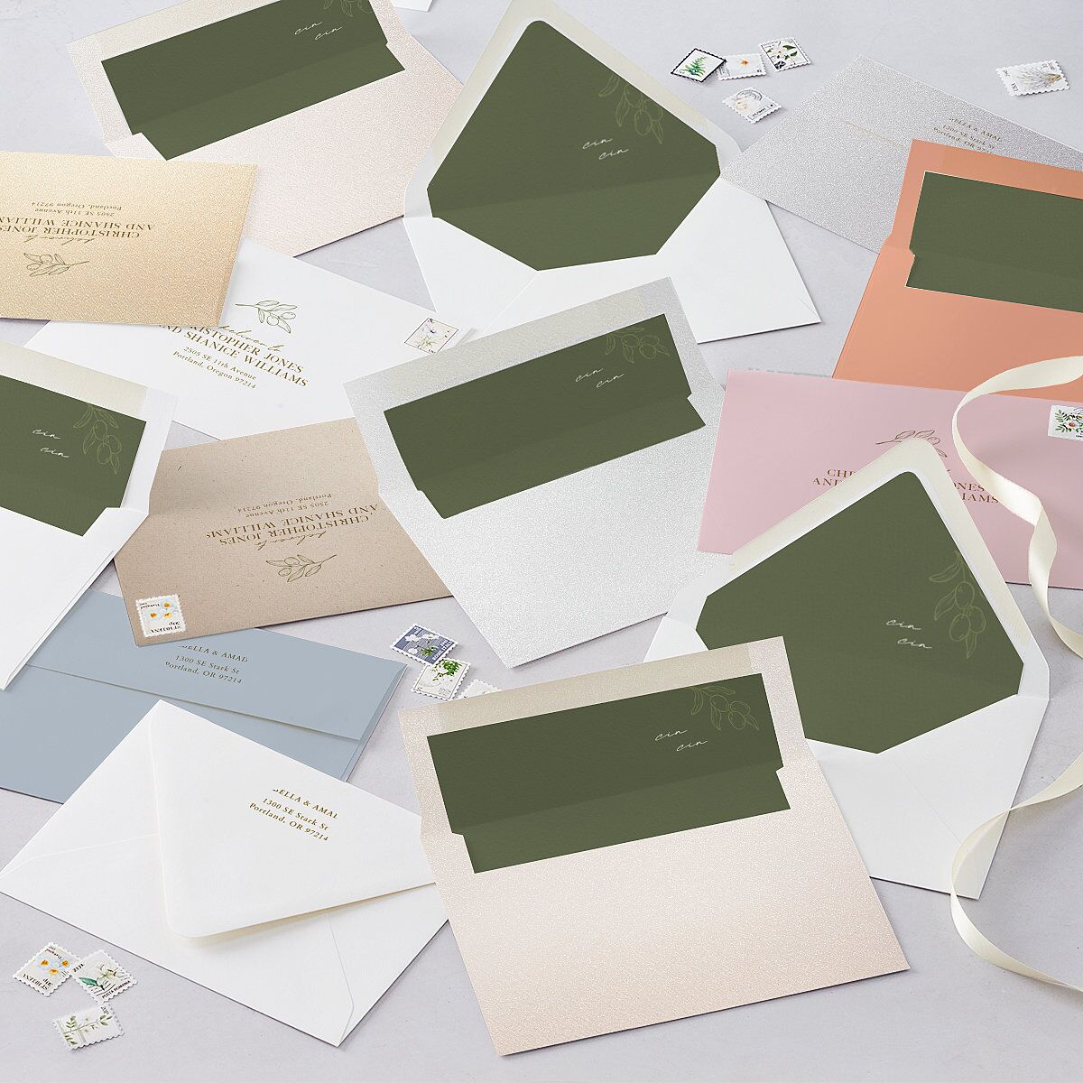 Elegant Italian Olive Branches Envelope Liners Champagne Standard