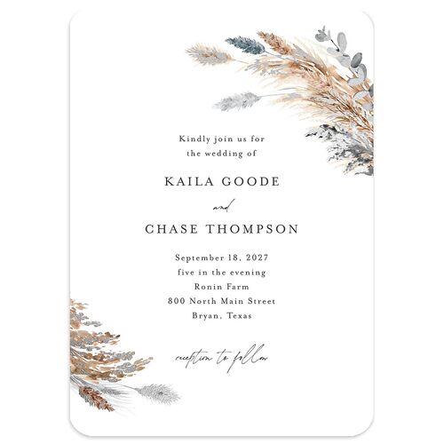 Soft Pampas Foil Wedding Invitations Silver Dusty Blue Signature Blank No Rounded