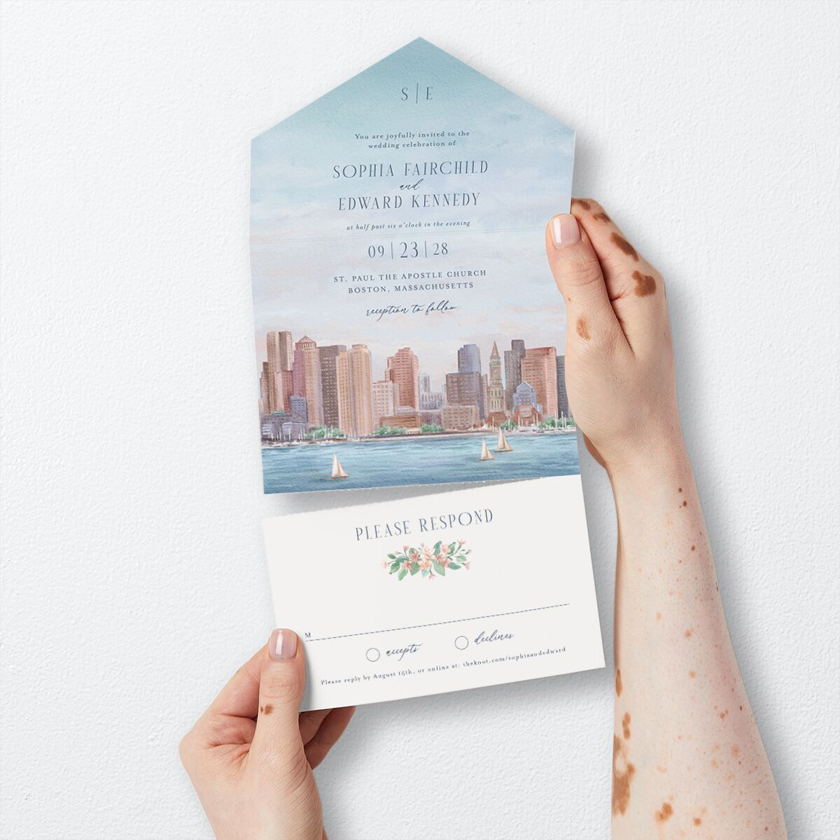Boston Skyline All-in-One Wedding Invitations Midnight Navy Signature Light Both Recipient and Return Addresses No