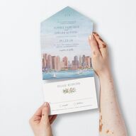 Boston Skyline All-in-One Wedding Invitations Midnight Navy Signature Light Both Recipient and Return Addresses No