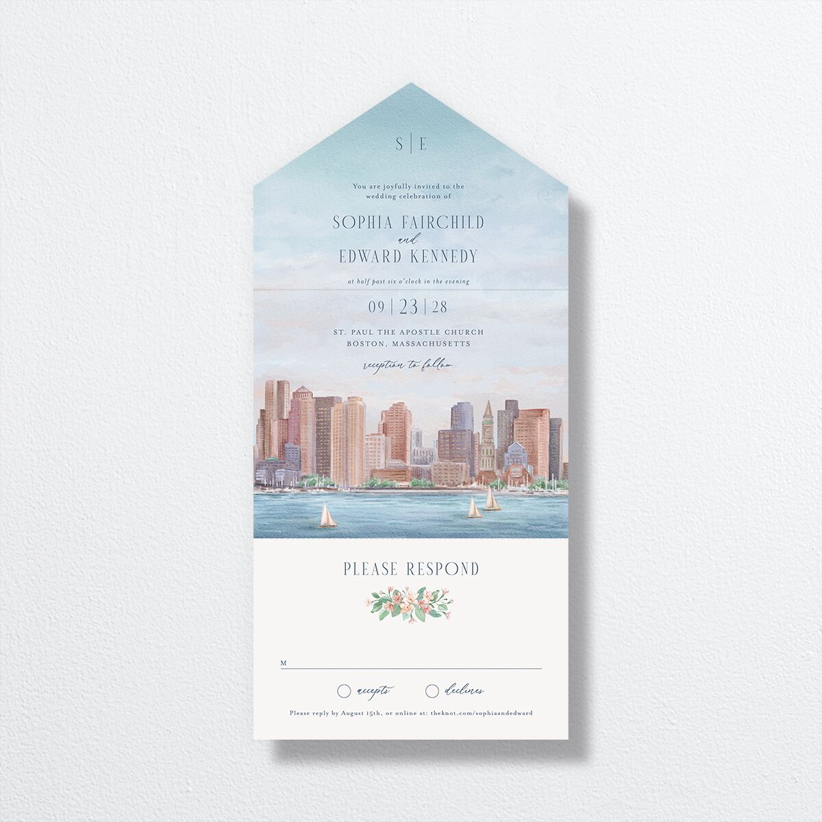 Boston Skyline All-in-One Wedding Invitations Midnight Navy Signature Light Both Recipient and Return Addresses No