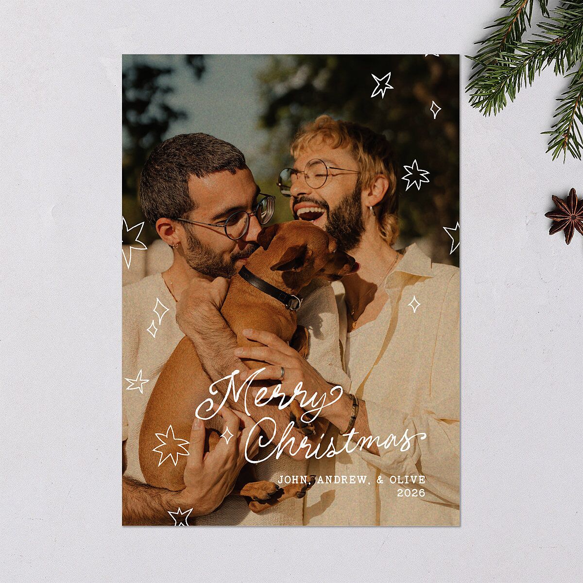 Hand Drawn Starry Christmas Photo Holiday Cards Burgundy Signature Blank Standard