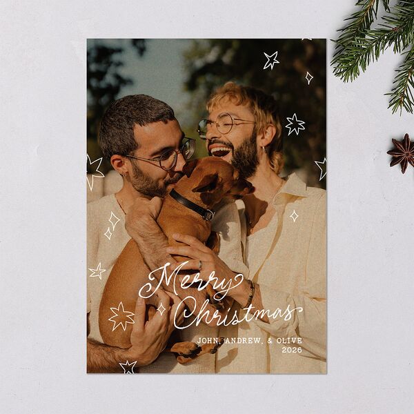 Hand Drawn Starry Christmas Photo Holiday Cards Burgundy Signature Blank Standard