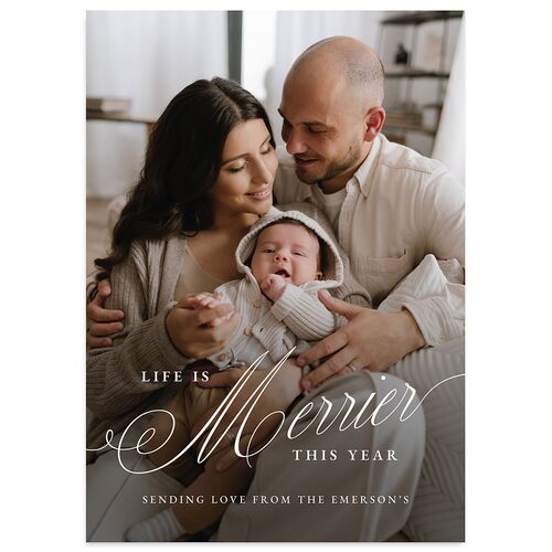 Life is Merrier Calligraphy Photo Holiday Cards Latte Signature Blank Portrait  Standard