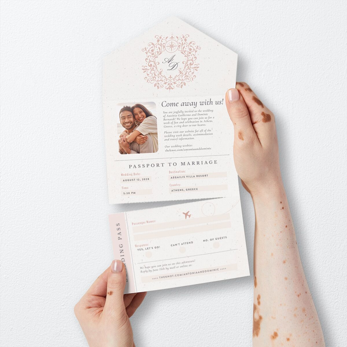 Timeless Passport All-in-One Wedding Invitations Shell Pink Signature Light Both Recipient and Return Addresses No