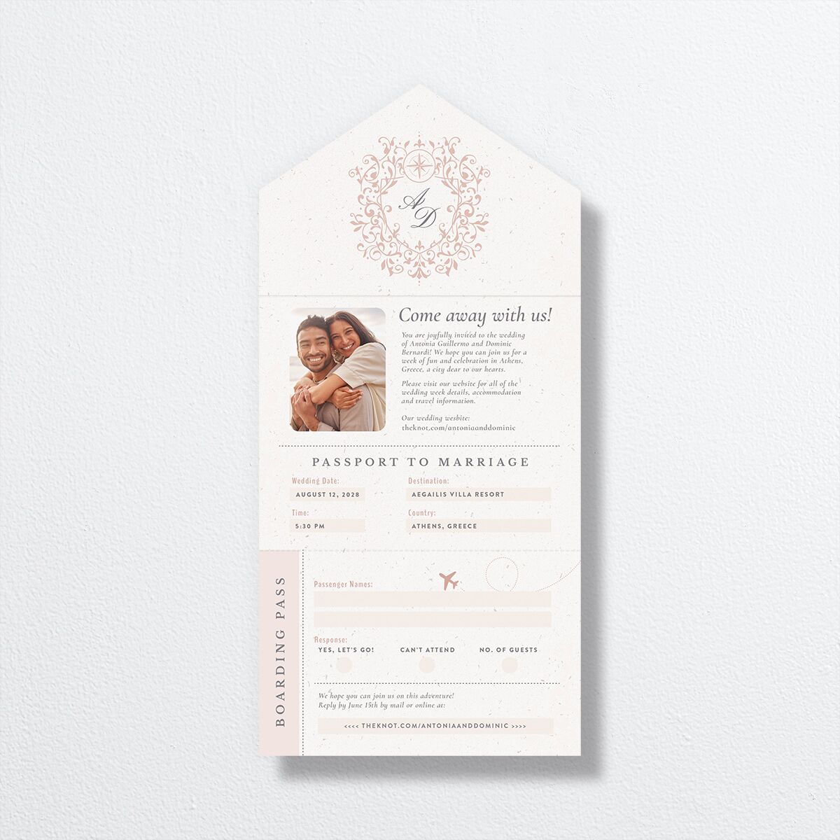 Timeless Passport All-in-One Wedding Invitations Shell Pink Signature Light Both Recipient and Return Addresses No