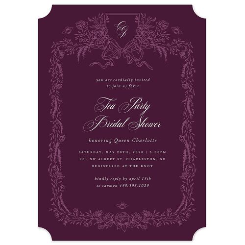 Rose Garden Crest Bridal Shower Invitations by Bridgerton Bordeaux Signature Blank Ticket