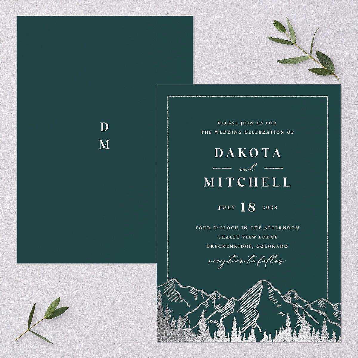 Mountain Escape Foil Wedding Invitations Silver Dark Emerald Signature Blank No