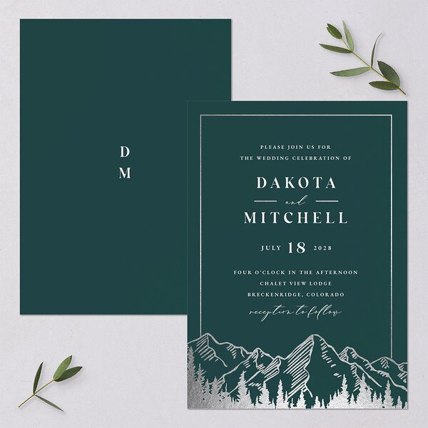 Mountain Escape Foil Wedding Invitations Silver Dark Emerald Signature Blank No