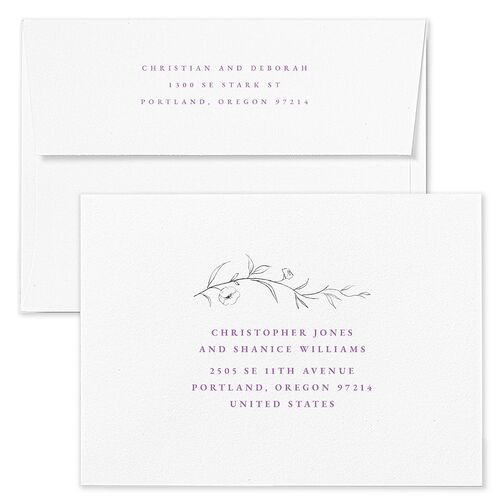 Graceful Botanical Rehearsal Dinner Invitation Envelopes White Purple Petal Both Recipient and Return Addresses Signature Standard