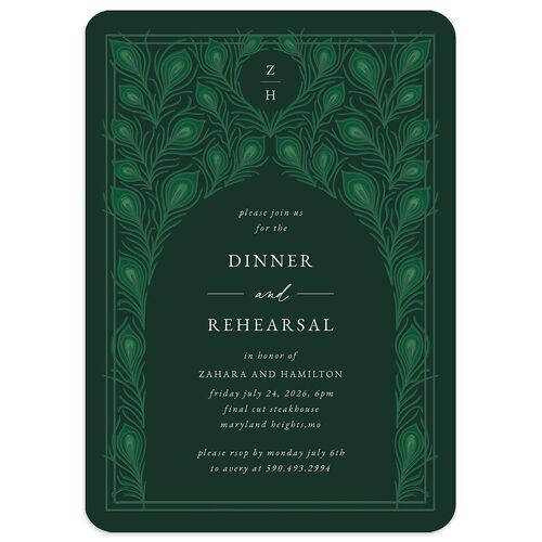 Peacock Nouveau Rehearsal Dinner Invitations Dark Green Signature Blank Rounded