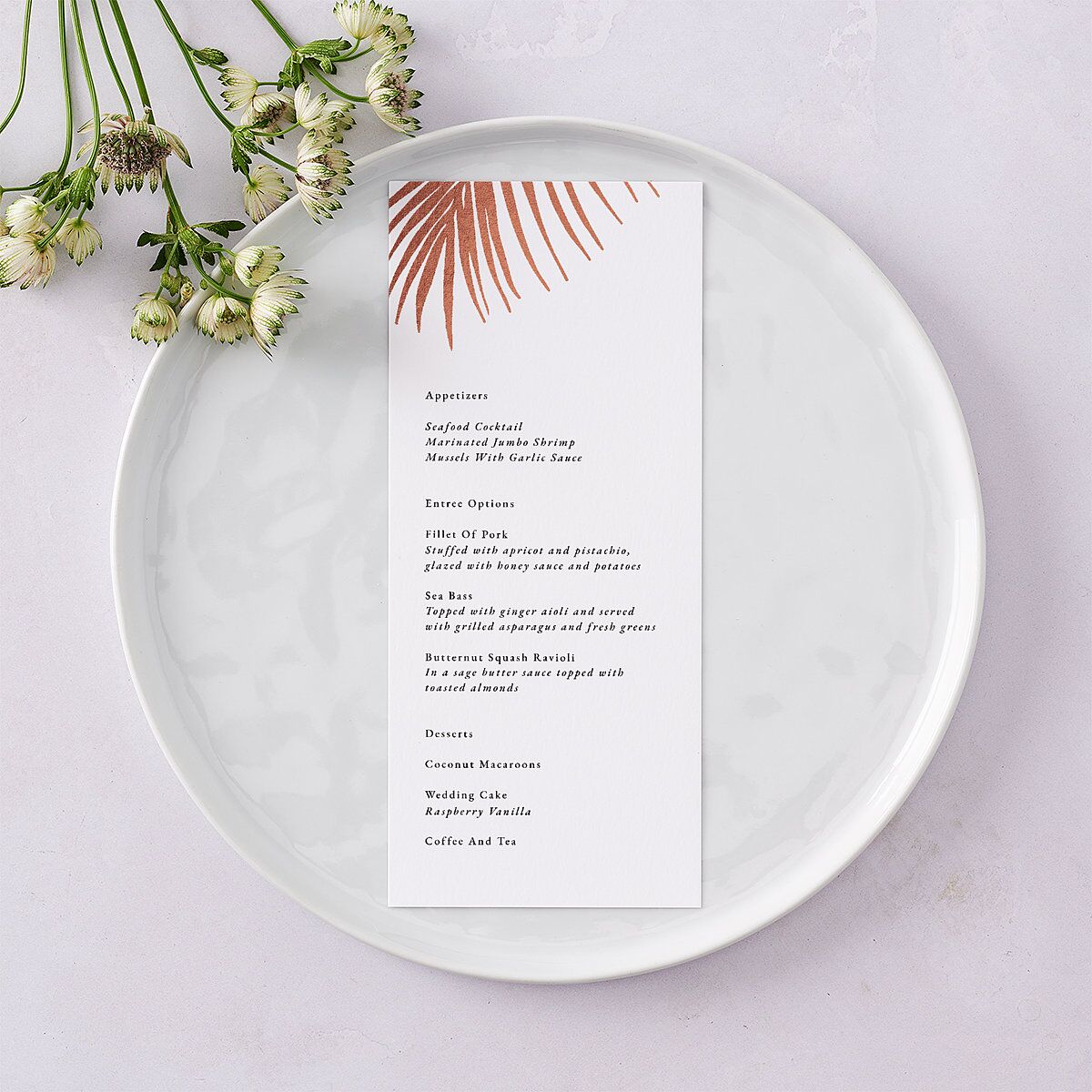 Lavish Palm Menus Rose Gold Pure White Signature
