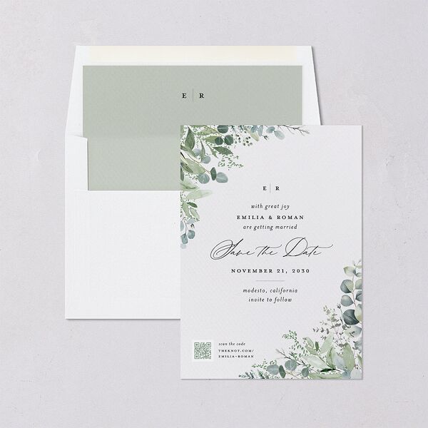Botanical Greenery QR Code Save the Date Cards Pure White Signature smooth Blank No Standard