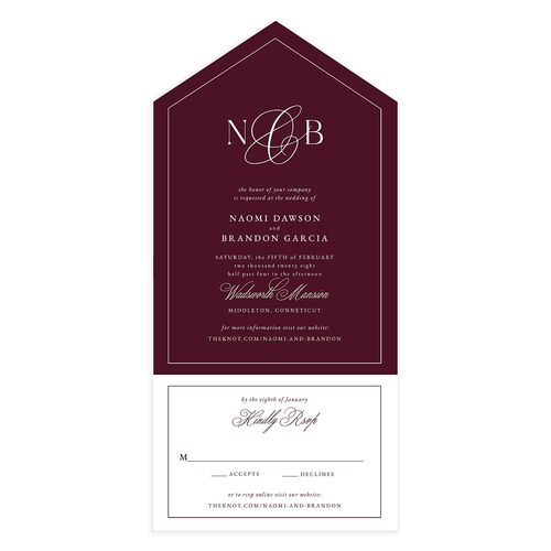 Romantic Ampersand All-in-One Wedding Invitations Deep Claret Signature Light Both Recipient and Return Addresses No
