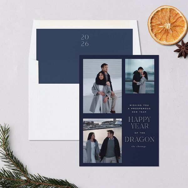 Lunar New Year Grid Holiday Cards Navy Signature Blank Portrait Standard
