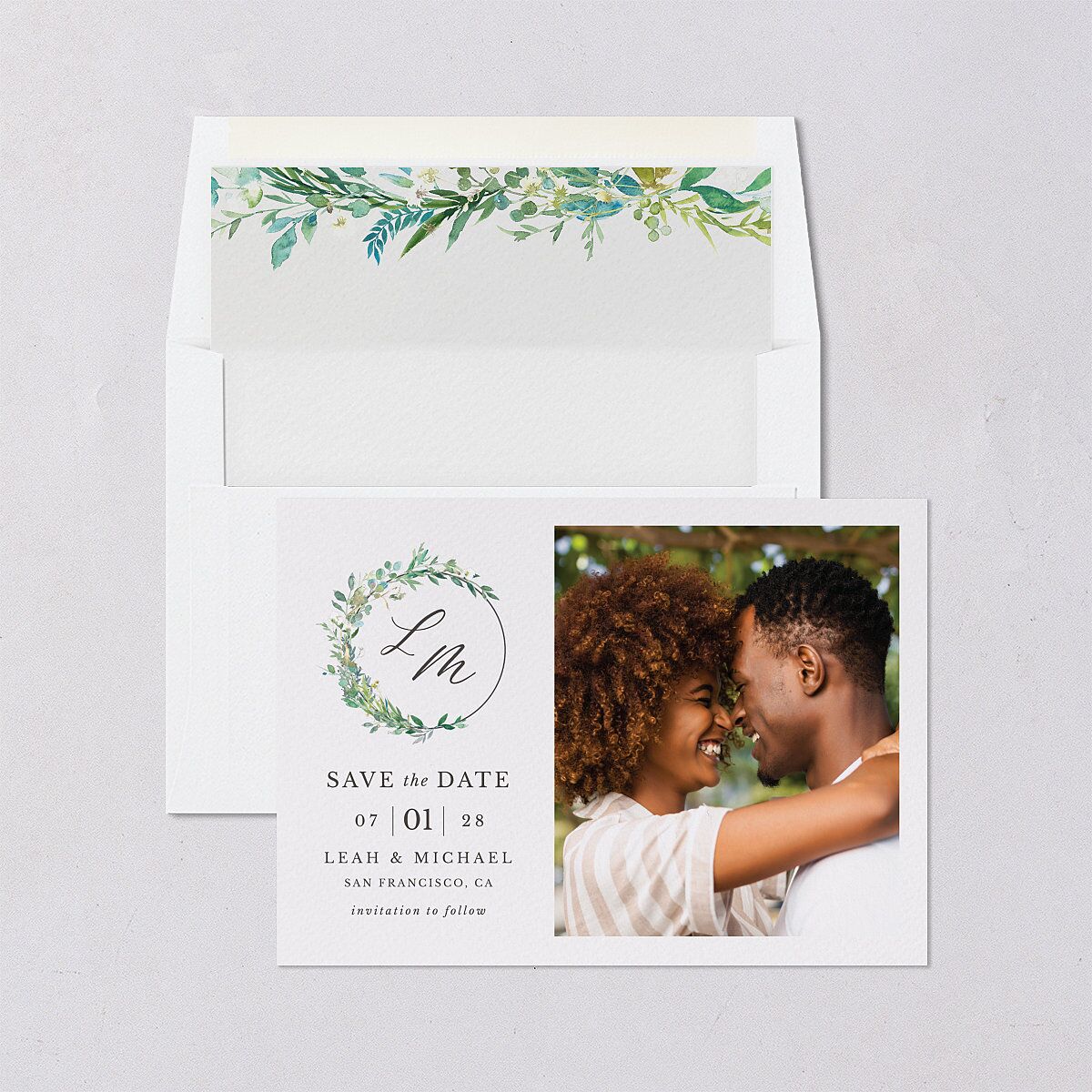 Leafy Monogram Hoop Save the Date Cards — view 4