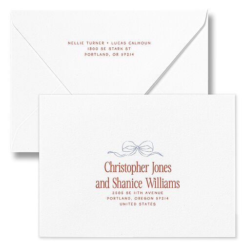 Modern Delicate Bows Bridal Shower Invitation Euro Envelopes Jewel Red White Both Recipient and Return Addresses Luxe Signature