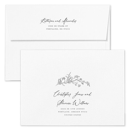 Romantic Branches Wedding Invitation Envelopes White Steel Gray Both Recipient and Return Addresses Standard Signature