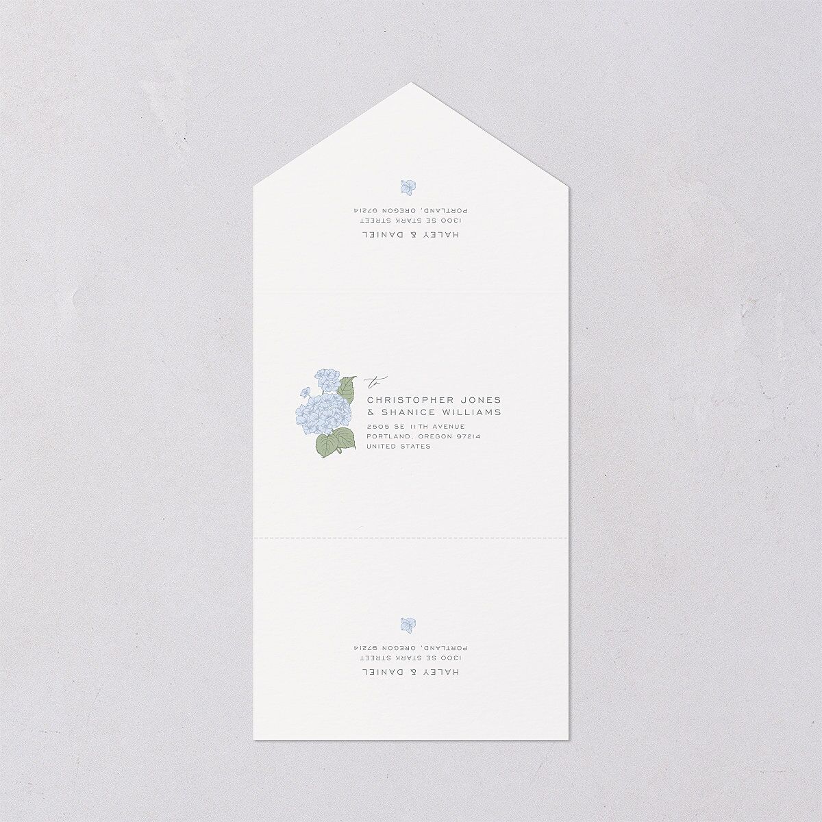 Vintage Hydrangea Frame All-in-One Wedding Invitations Dusty Blue Signature Light Both Recipient and Return Addresses No