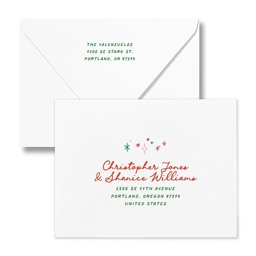 Whimsical Painted Holiday Border Thank You Card Euro Envelopes White Scarlet Both Recipient and Return Addresses Luxe Signature