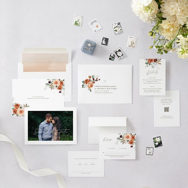 Eucalyptus Bouquet Save the Date Cards Terracotta Signature smooth Blank No Standard