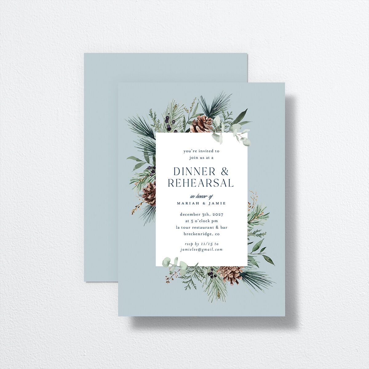Rustic Pine Rehearsal Dinner Invitations — view 1