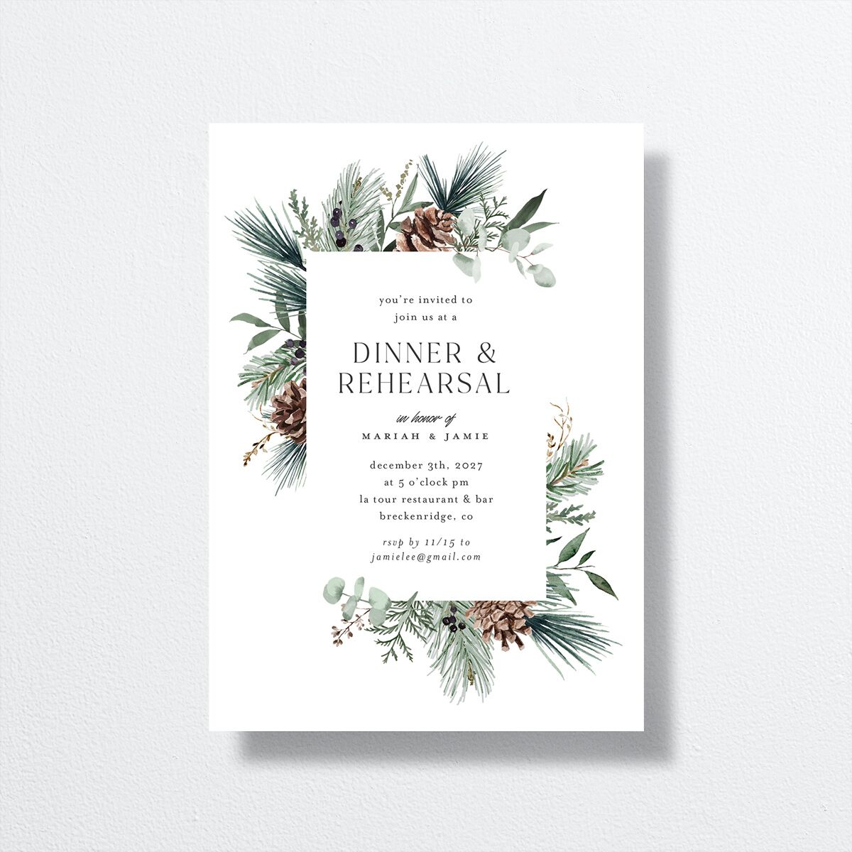 Rustic Pine Rehearsal Dinner Invitations Eucalyptus Signature