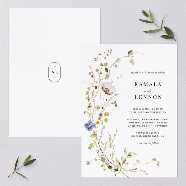 Glistening Wildflower Wedding Invitations Gold Pure White Signature Blank No Standard
