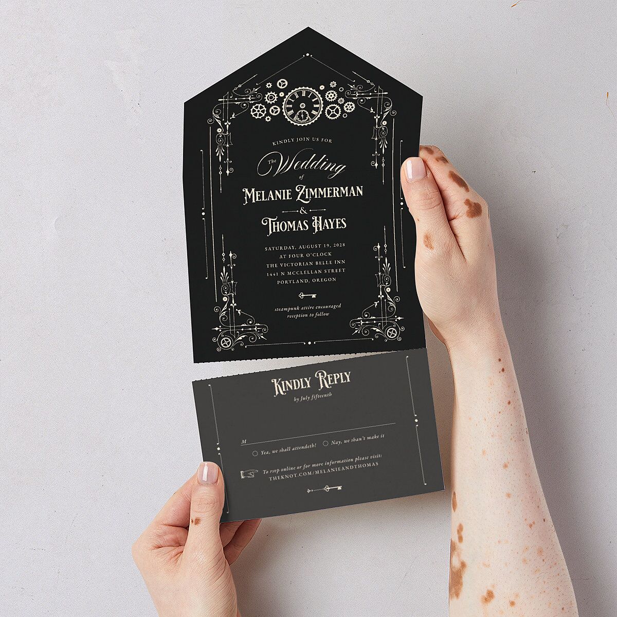 Steampunk Vintage All-in-One Wedding Invitations Charcoal Signature Light Both Recipient and Return Addresses No